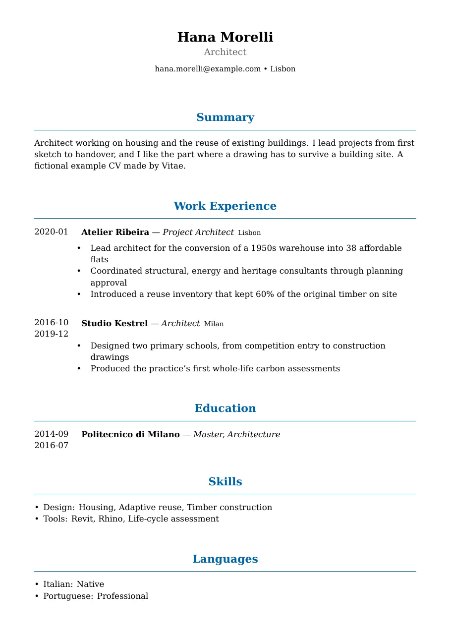 Example CV of Hana Morelli, a fictional architect