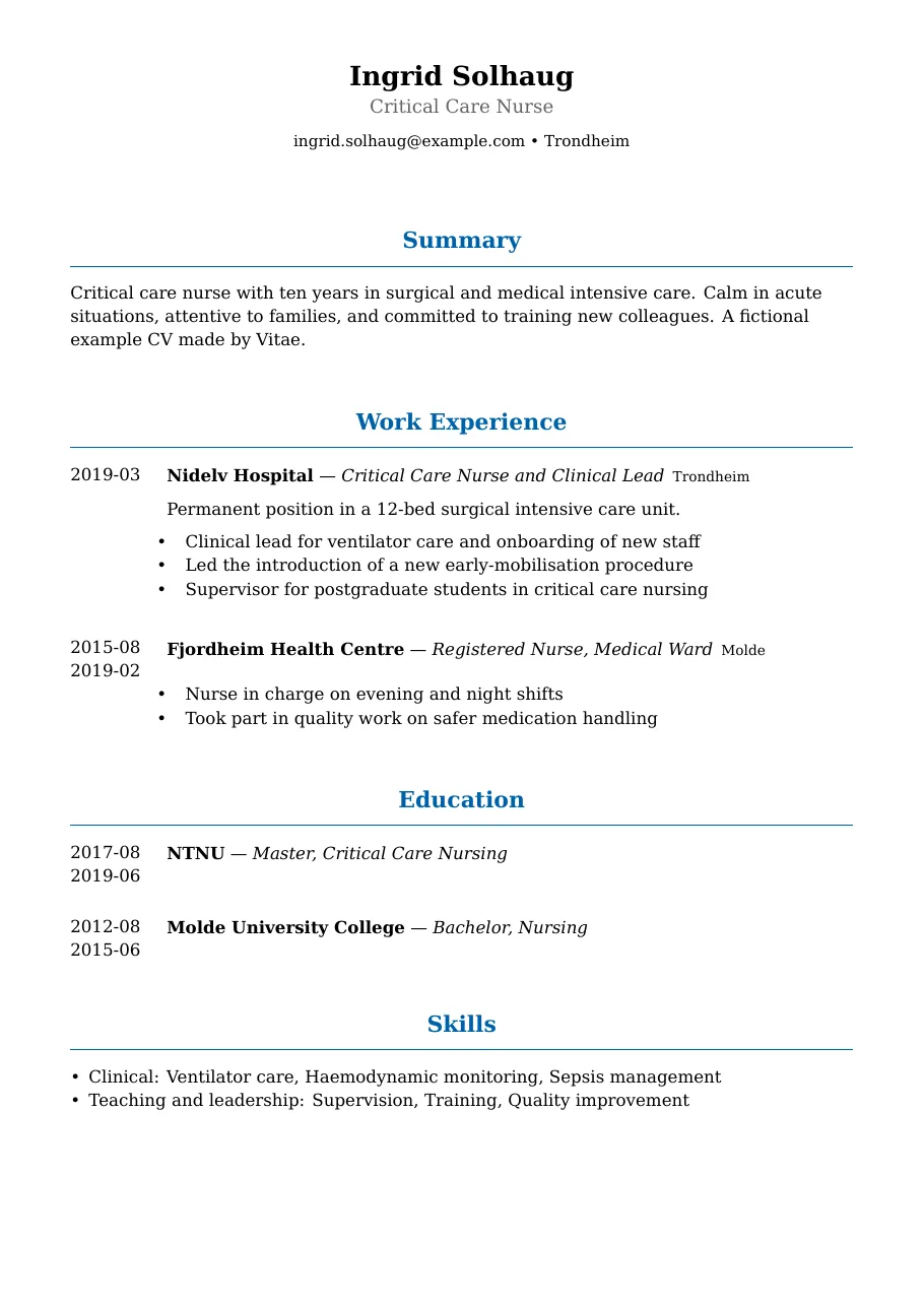 First page of a fictional example CV, typeset by Vitae