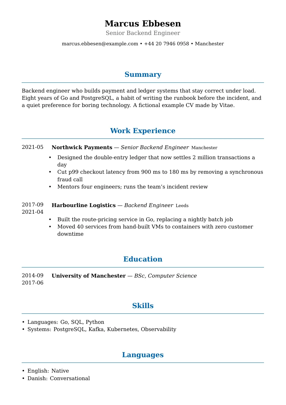 Example CV of Marcus Ebbesen, a fictional backend engineer